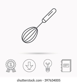 Whisk icon. Kitchen tool sign. Kitchenware whisking beater symbol. Download arrow, lamp, learn book and award medal icons.