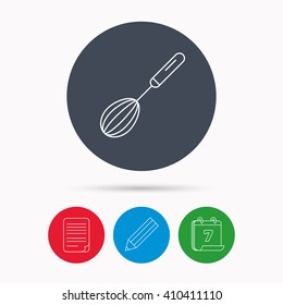 Whisk icon. Kitchen tool sign. Kitchenware whisking beater symbol. Calendar, pencil or edit and document file signs. Vector