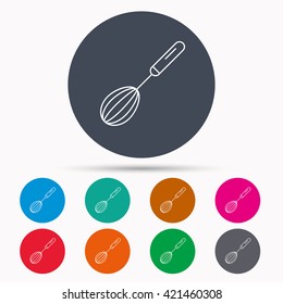 Whisk icon. Kitchen tool sign. Kitchenware whisking beater symbol. Icons in colour circle buttons. Vector