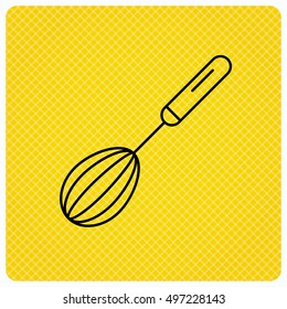 Whisk icon. Kitchen tool sign. Kitchenware whisking beater symbol. Linear icon on orange background. Vector