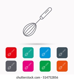 Whisk icon. Kitchen tool sign. Kitchenware whisking beater symbol. Linear icons in squares on white background. Flat web symbols. Vector