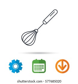 Whisk icon. Kitchen tool sign. Kitchenware whisking beater symbol. Calendar, cogwheel and download arrow signs. Colored flat web icons. Vector