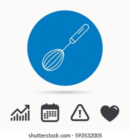 Whisk icon. Kitchen tool sign. Kitchenware whisking beater symbol. Calendar, attention sign and growth chart. Button with web icon. Vector