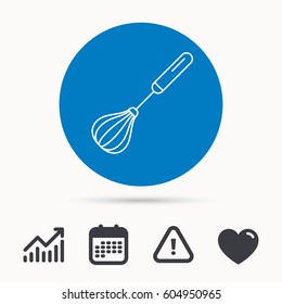 Whisk icon. Kitchen tool sign. Kitchenware whisking beater symbol. Calendar, attention sign and growth chart. Button with web icon. Vector