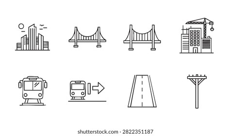 whisk icon set with city, train, bus, bridge, road, and station symbols
