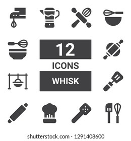 whisk icon set. Collection of 12 filled whisk icons included Mixer, Slotted spoon, Cooking, Rolling pin, Beater, Whisk