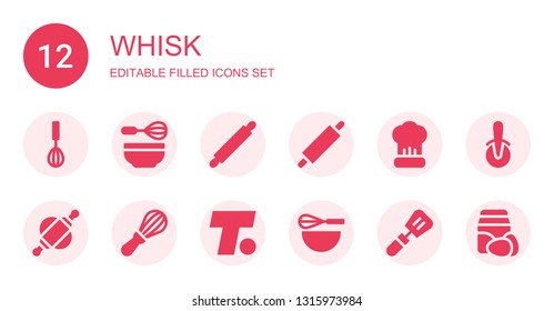 whisk icon set. Collection of 12 filled whisk icons included Mixer, Whisk, Rolling pin, Cooking, Turner, Beater, Slotted spoon, Pizza cutter, Ingredients