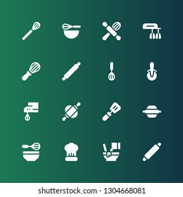 whisk icon set. Collection of 16 filled whisk icons included Rolling pin, Mixed, Cooking, Whisk, Slotted spoon, Beater, Pizza cutter, Mixer