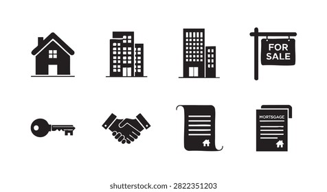 whisk icon set featuring home, buildings, for sale, and mortgage symbols
