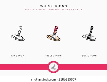 Whisk icons set vector illustration with solid icon line style. Kitchen utensils concept. Editable stroke icon on isolated background for web design, user interface, and mobile application