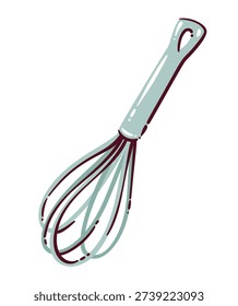 Batir la herramienta de cocina para hornear y cocinar. Utensilio de batidor de globo de acero inoxidable para mezclar la masa, la crema, los huevos, la masa. Doodle esbozo icono de equipo de pastelería, Ilustración vectorial de dibujos animados.