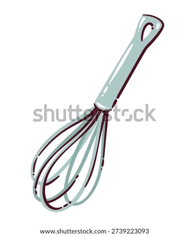 Whisk kitchen tool for baking and cooking. Stainless steel balloon whisk utensil for mixing batter, cream, eggs, dough. Doodle outline pastry equipment icon, cartoon vector illustration.