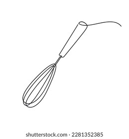 Whisk kitchen utensils vector one line continuous drawing illustration. Hand drawn linear silhouette. Cooking icon. Minimal outline design element, print, banner, card, brochure, poster, menu, logo.