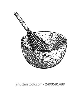 whisk mixing bowl kitchen utensil retro hand drawn. cooking food, spoon pot, bowl set vintage kitchen utensil retro vector sketch. isolated black illustration