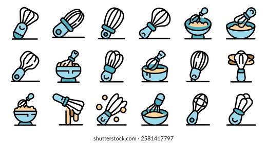 Whisk mixing dough in bowl icons set. Outline set of whisk mixing dough in bowl vector icons for web design isolated on white background