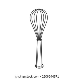 Whisk outline icon vector illustration. Black line bakers tool to whip cream or egg in bowl for cake, mix dough for baking breakfast pancakes or cook sauce, home kitchen equipment of chef for cooking