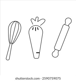 Whisk Piping bag and Rolling Pin Kitchen Accessories vector illustration 