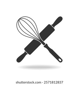 Whisk and rolling pin graphic icon. Crossed kitchen utensils sign isolated on white background. Bakery symbol. Vector illustration