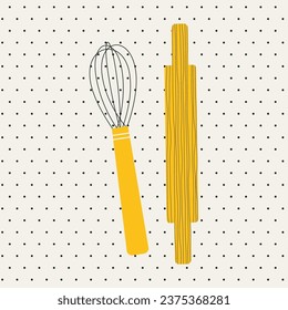 Whisk and rolling pin. Kitchen utensils on polka dot white background. Cooking and baking tools. Vector illustration. Trendy abstract style.