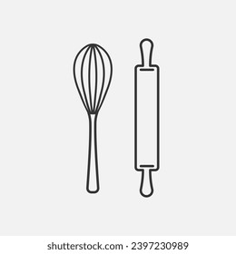 Whisk and rolling pin kitchen utensils line icon. Vector