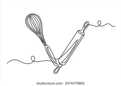 Batidor y rodillo utensilios de cocina Vector una línea ilustración de dibujo continuo. Icono de cocina lineal dibujado a mano. Elemento de diseño de contorno mínimo, impresión,
