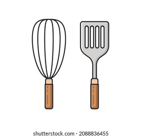 Whisk y Spatula en diseño plano. Carácter de diseño de estilo de caricatura