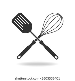 Whisk and spatula graphic icon. Cooking symbol. Crossed kitchen utensils sign isolated on white background. Vector illustration