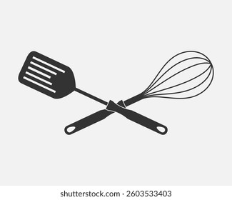 Whisk and spatula graphic icon. Cooking symbol. Crossed kitchen utensils sign isolated on white background. Vector illustration