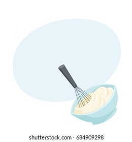 Whisk whipped cream. Bakery process vector illustration. Kitchenware, cooking utensil isolated on white. Tasty food recipe svg