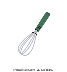 Whisk, whipping tool, manual egg beater. Mixing utensil. Handheld mixer whipper for beating, blending. Corolla accessory for cooking. Flat cartoon vector illustration isolated on white background