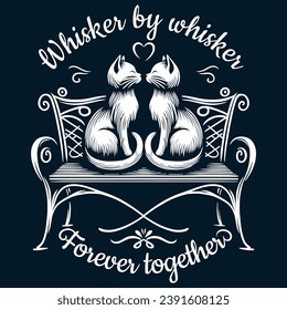 Whisker to Whisker - Romantic Cat Couple on Ornate Park Bench Monochrome Vector Design.