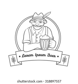 Whiskered Bavarian man with beer and alpine hat. Vector art based on hand-drawn sketch. Outline on white isolated background. Octoberfest illustration, beer label with ribbon and place for text.