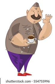 A whiskered cook is holding cup of coffee with picture on foam surface. Cartoon. Restaurant service.