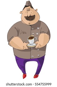 A whiskered cook is holding cup of coffee with picture on foam surface. Cartoon. Restaurant service.