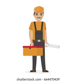 Whiskered erector in black overalls and yellow helmet holds tool box in one hand and other keeps rolled whatman vector illustration