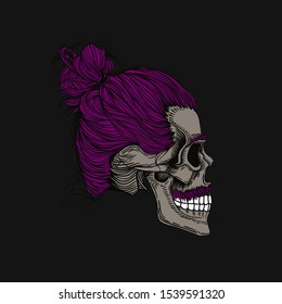 Whiskered skull with pink hair in a bun. Stylish men's hairstyle and mustache, profile view. Picture for halloween, barbershop and clothes.