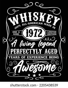 WHISKEY 100% ALL-AMERICAN MADE IN 1972 ONE A KIND LIMITED EDITION AL LIVING LEGEND PERFECTYLE AGED YEARS OF EXPERIENCE GEING AWESOME T-SHIRT DESIGN