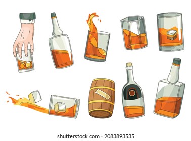 Whiskey advertising design elements. Advertising design symbols set. Glass bottle, man hand holding glass of scotch with ice cubes, wooden alcohol barrel icon collection. Vector alcohol products