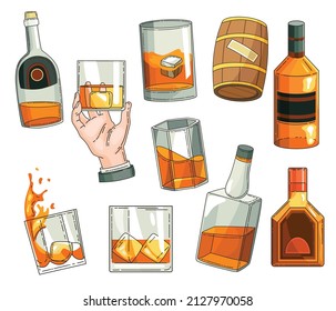 Whiskey advertising design elements. Advertising design symbols set. Glass bottle, man hand holding glass of scotch with ice cubes, wooden alcohol barrel icon collection. Vector alcohol products