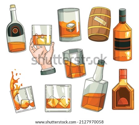 Whiskey advertising design elements. Advertising design symbols set. Glass bottle, man hand holding glass of scotch with ice cubes, wooden alcohol barrel icon collection. Vector alcohol products