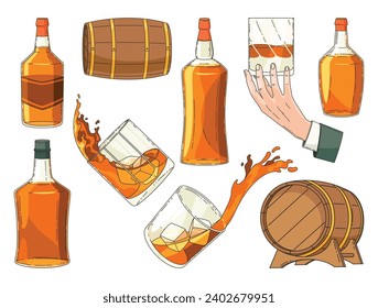 Whiskey advertising vintage design elements. Glass bottle, man hand holding glass of scotch with ice cubes, wooden alcohol barrel icon collection. Vector alcohol products