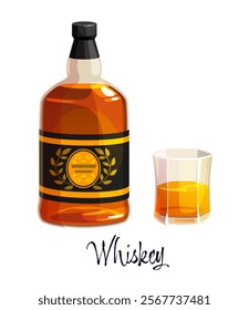 Whiskey alcohol bottle and glass, featuring rich amber tones and a stylish label, evokes warmth, tradition, and a sense of quality. Isolated vector alcohol drink flask representing luxury fine spirits