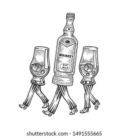 Whiskey alcohol bottle with ice and glasses walks on its feet sketch engraving vector illustration. Tee shirt apparel print design. Scratch board style imitation. Black and white hand drawn image.