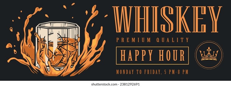 Whiskey alcohol colorful vintage banner with premium quality strong alcoholic drink and crown for bar promo company vector illustration