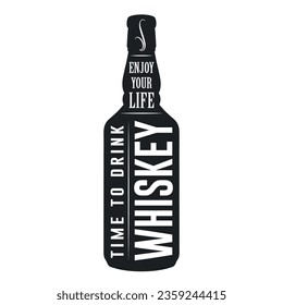 Whiskey alcohol drink element monochrome with bottle silhouette with enjoy life text to create bar or restaurant advertisement vector illustration