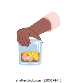 Whiskey alcohol drink with ice cubes and lemon slice in hand isolated flat cartoon vector illustration. Bourbon whiskey in bartender arm, cocktail with cola and brandy, party celebration