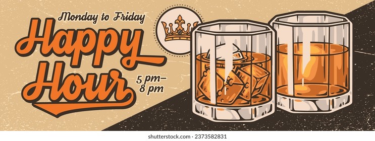 Whiskey alcohol vintage banner colorful glasses filled with bourbon and rum and happy hour slogan for bar advertising vector illustration