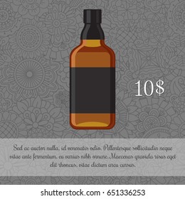 Whiskey alcoholic beverage card template with price and patterned background. Vector illustration