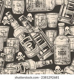 Patrón sin soldadura monocromo de barra de Whiskey con botella de whisky y borbón o ron cerca de gafas con hielo y cráneo ilustración vectorial