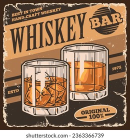 Whiskey bar vintage flyer colorful with two glasses alcoholic drink made in 1975 and aged in oak barrels vector illustration